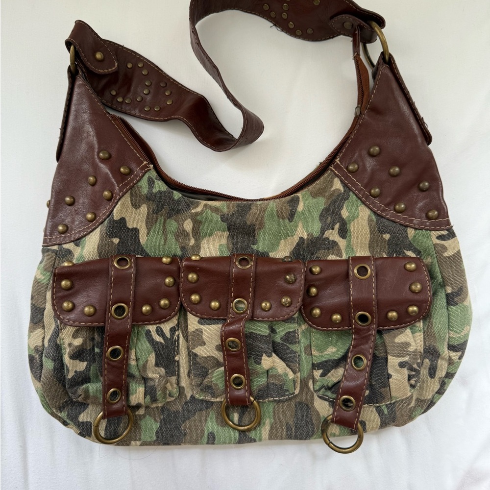 Camouflage and Brown Studded Women's Bag